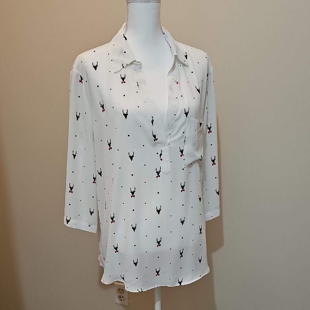 New York & Company White and Black 3/4 Sleeve Button Down Shirt